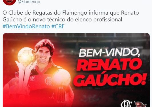 Comunicado do Twitter oficial do Flamengo: namoro antigo com o treinador, que estava sem clube após longa passagem pelo Grêmio