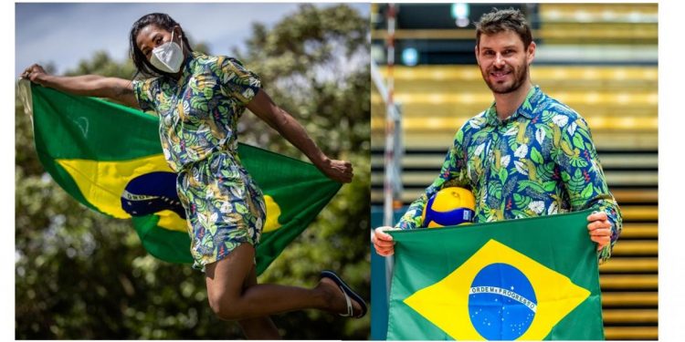 Os porta-bandeiras do Brasil Ketleyn Quadros (judô) e Bruno Rezende (vôlei). Foto: COB