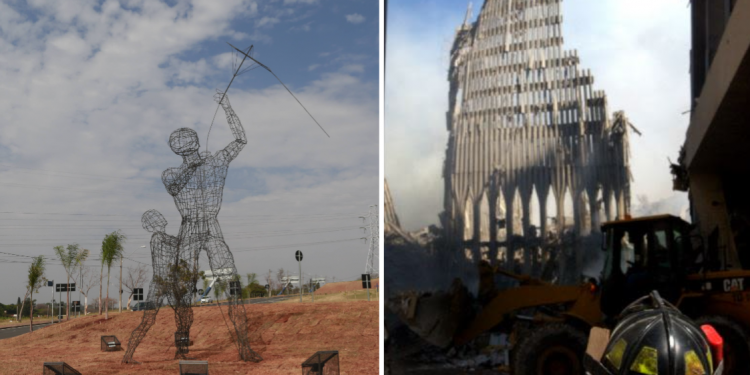 O monumento que homenageia Toninho e o que restou da Torre Sul após os atentados Fotos: Leandro Ferreira e Preston Keres/US Navy