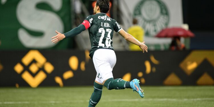Raphael Veiga comemora o gol na partida contra o Santos. Foto:  FPF