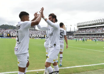 Jogadores santistas celebram um dos gols do triunfo Foto: Ivan Storti/Divulgação