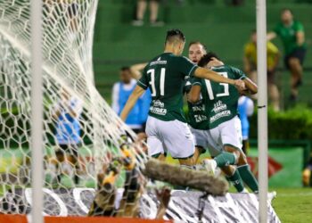 Lateral-direito Diogo Mateus comemora com os companheiros o gol da vitória de 1 a 0 do Guarani sobre o Criciúma. Foto: Thomaz Marostegan/Guarani FC