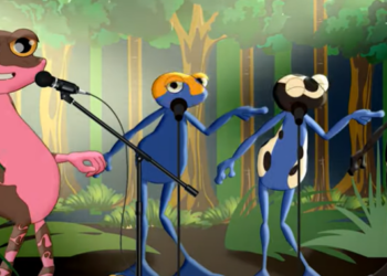Cinco personagens baseados em espécies de sapo comuns no Brasil se revezam cantando e tocando os instrumentos - Foto: Reprodução Youtube