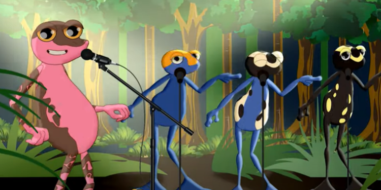 Cinco personagens baseados em espécies de sapo comuns no Brasil se revezam cantando e tocando os instrumentos - Foto: Reprodução Youtube