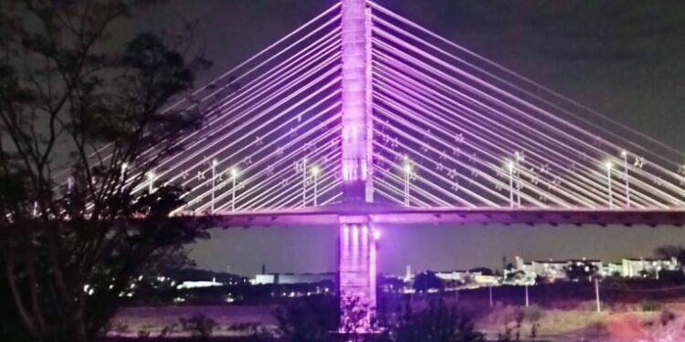 Ponte Estaiada, em Hortolândia, é um dos símbolos da cidade e está sempre iluminada de alguma cor em alusão a campanhas educativas: orgulho dos moradores - Foto: Divulgação/Prefeitura de Hortolândia