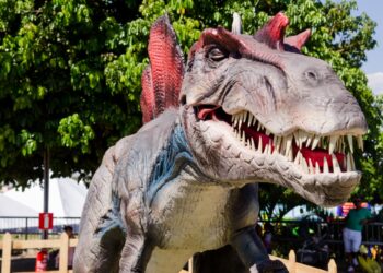 Mundo Jurássico: o mais temido dos “animais”, o tiranossauro rex, também é o maior da mostra - Foto: Divulgação