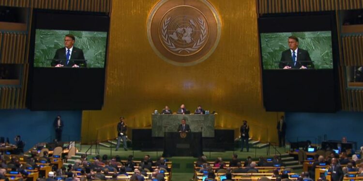O presidente Jair Bolsonaro: discurso nesta terça na abertura da 77ª Assembleia Geral das Nações Unidas (ONU) - Foto: Reprodução vídeo ONU News