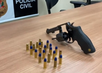 Revólver calibre 38, com numeração suprimida, foi encontrado dentro de veículo usado no crime - Foto: Reprodução vídeo/Divulgação Polícia Civil