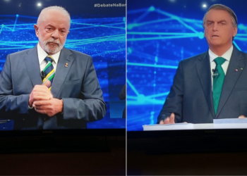 Lula e Bolsonaro no debate da Band, no último domingo: dias tensos, ataques, fake news e pauta de fé e costumes Foto: Reprodução/TV