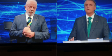 Lula e Bolsonaro no debate da Band, no último domingo: dias tensos, ataques, fake news e pauta de fé e costumes Foto: Reprodução/TV