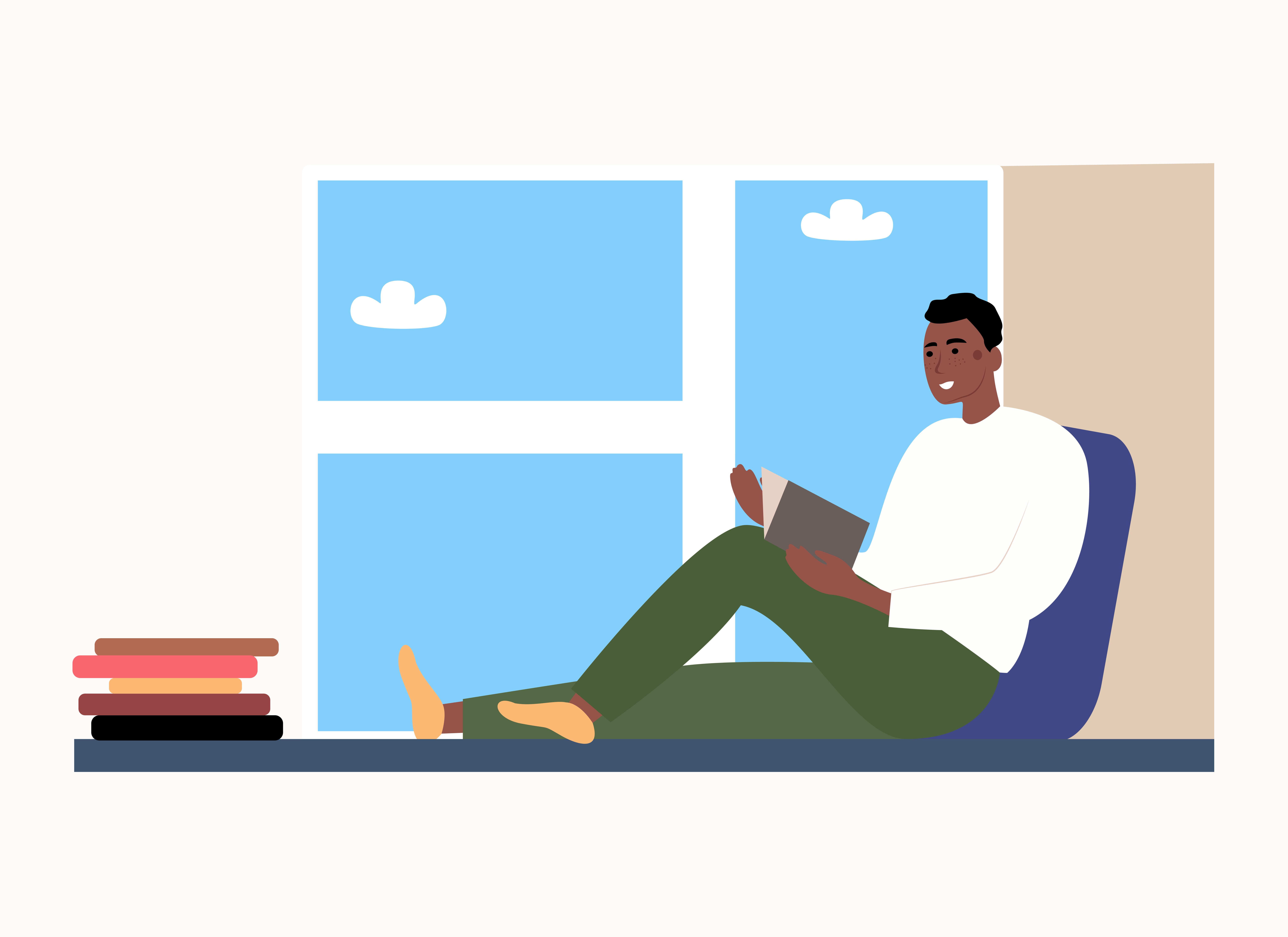 Black guy reads a book while sitting on the window during quarantine. Cartoon vector illustration in flat style