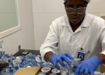 Funcionária encaixota os copos d'água doados pela Sanasa às vítimas da chuva no Litoral Norte paulista Foto: Divulgação