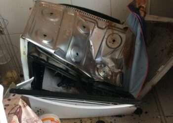 Estado do fogão após a explosão de uma panela de pressão: só compre produtos certificados. Foto: Divulgação