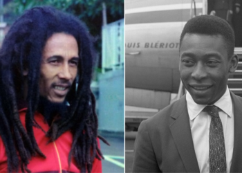 Os icônicos Bob Marley e Pelé: filha do lendário músico teve um papel crucial no fortalecimento do futebol feminino na Jamaica - Fotos: Divulgação