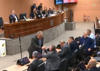 Após o resultado da votação, Marcelo da Farmácia recebeu os cumprimentos de aliados no plenário da Câmara - Foto: Reprodução/TV Câmara