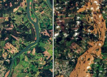 Imagens do antes e depois que o ciclone que atingiu Rio Grande do sul na última semana.
Foto: Planet/SCCON do Programa Brasil Mais/Divulgação