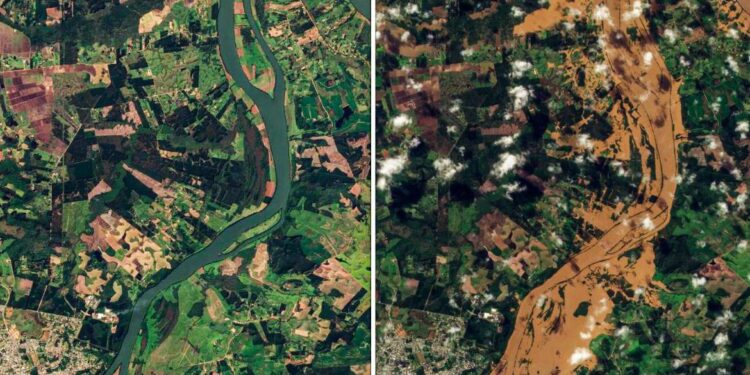 Imagens do antes e depois que o ciclone que atingiu Rio Grande do sul na última semana.
Foto: Planet/SCCON do Programa Brasil Mais/Divulgação