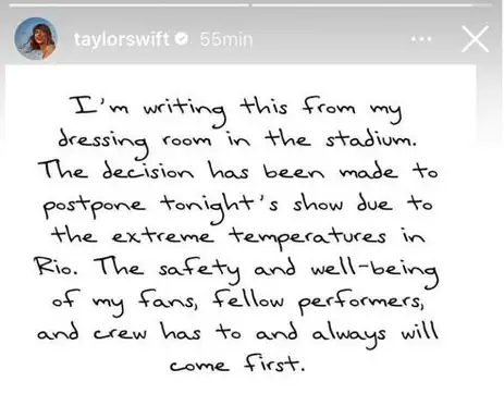 Calor leva Taylor Swift a adiar show no Rio para esta segunda