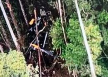 Destroços da aeronave localizada em mata na região de Paraibuna, município de serra antes da descida para o Litoral Norte paulista - Foto: Reprodução/PM