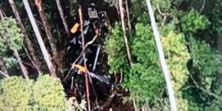 Destroços da aeronave localizada em mata na região de Paraibuna, município de serra antes da descida para o Litoral Norte paulista - Foto: Reprodução/PM