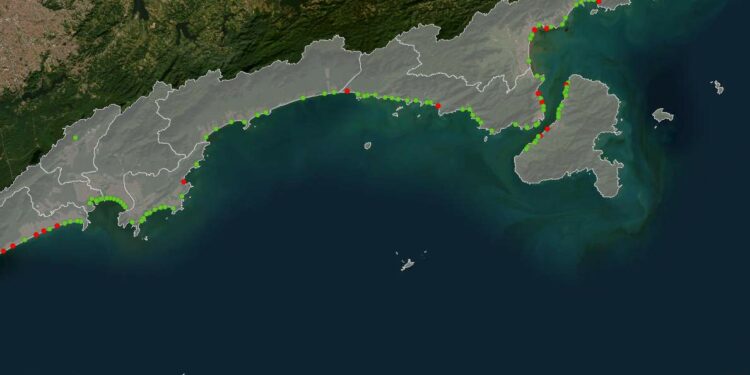 Cetesb elaborou um mapa virtual onde é possível acessar em tempo real todas as praias do Litoral paulista - Imagem: Reprodução