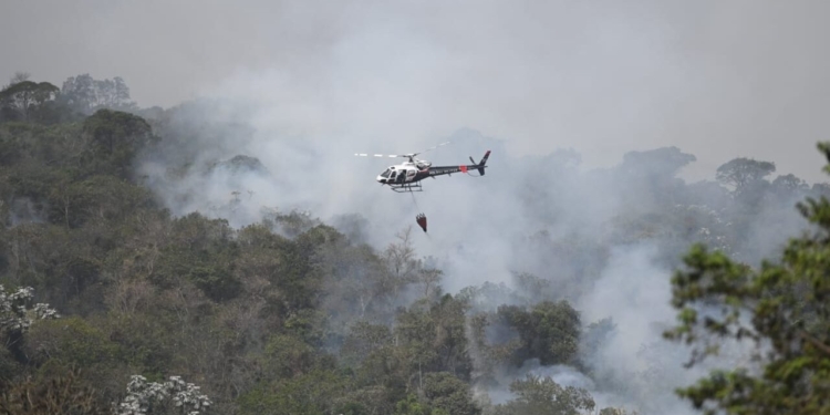 Helicóptero Águia ajuda a combater incêndio no Pico das Cabras