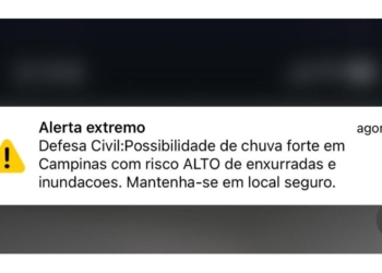 Celulares de Campinas recebem alerta inédito sobre risco de chuva forte e inundações