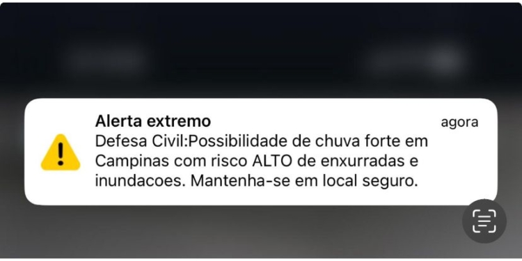 Celulares de Campinas recebem alerta inédito sobre risco de chuva forte e inundações