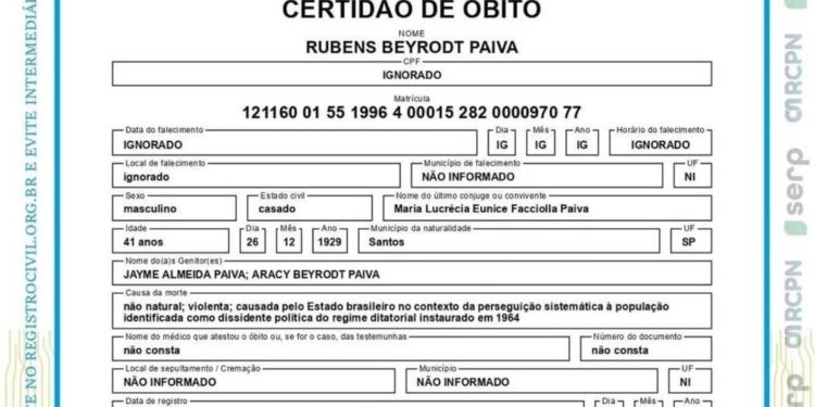 Certidão de óbito de Rubens Paiva é retificada e reconhece morte pela ditadura militar