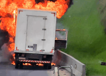 Caminhão carregado com resíduo de carne pega fogo no Anel Viário